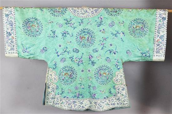 A Chinese embroidered silk mint green brocade robe, early 20th century,